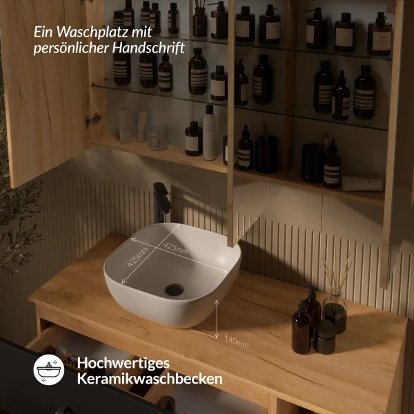 LUX Badmöbel Set 120 cm - Mit Spiegelschrank ARIA 120 cm in Gold Eiche und Aufsatzwaschbecken