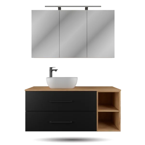 LUX Badmöbel Set 120 cm - Mit Spiegelschrank ARIA 120 cm in Gold Eiche und Aufsatzwaschbecken