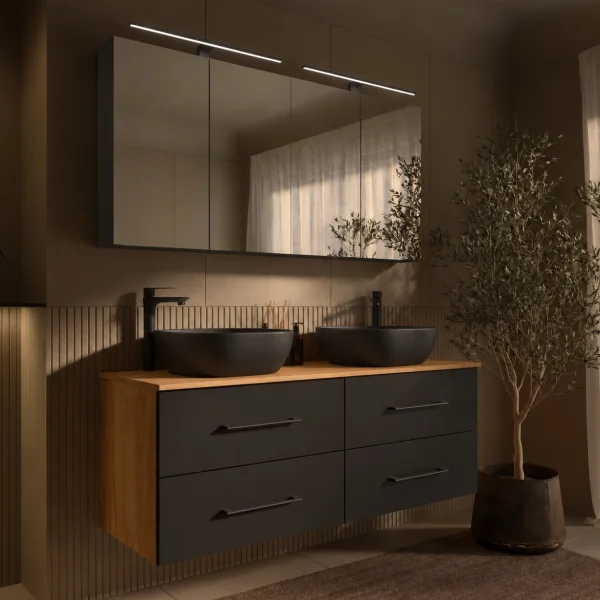 LUX Badmöbel Set 140 cm - mit 140 cm Spiegelschrank ARIA (2x 70 cm) in Anthrazit und Aufsatzwaschbecken