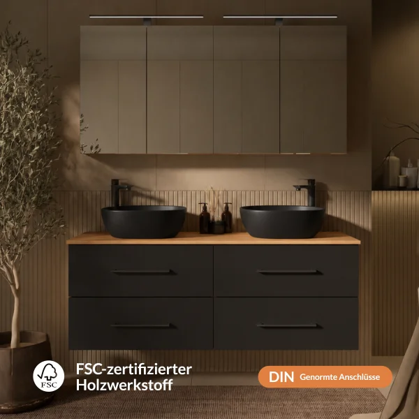 LUX Badmöbel Set 140 cm - mit 140 cm Spiegelschrank ARIA (2x 70 cm) in Anthrazit und Aufsatzwaschbecken