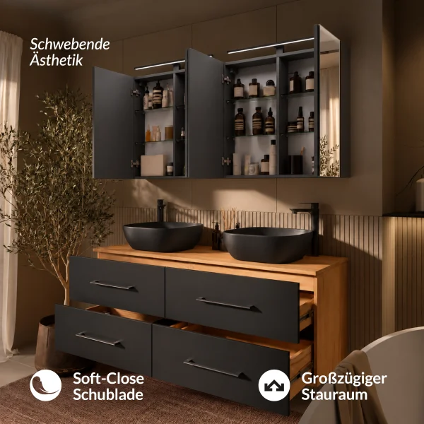 LUX Badmöbel Set 140 cm - mit 140 cm Spiegelschrank ARIA (2x 70 cm) in Anthrazit und Aufsatzwaschbecken