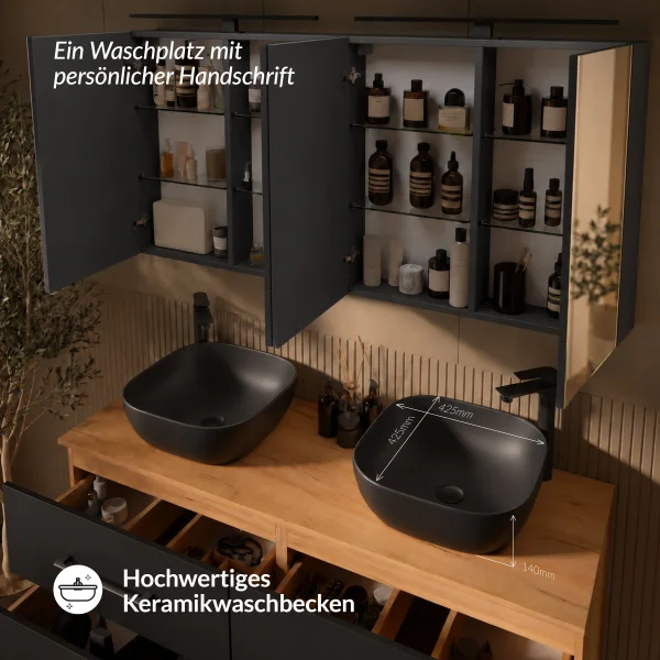 LUX Badmöbel Set 140 cm - mit 140 cm Spiegelschrank ARIA (2x 70 cm) in Anthrazit und Aufsatzwaschbecken