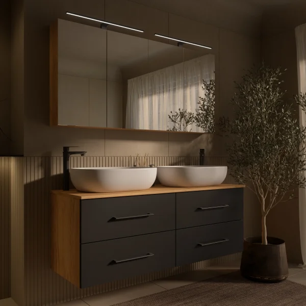 LUX Badmöbel Set 140 cm - mit 140 cm Spiegelschrank ARIA (2x 70 cm) in Gold Eiche und Aufsatzwaschbecken