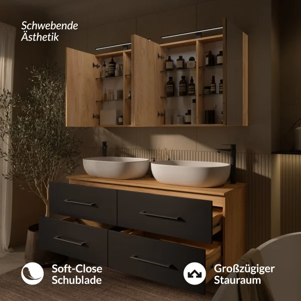 LUX Badmöbel Set 140 cm - mit 140 cm Spiegelschrank ARIA (2x 70 cm) in Gold Eiche und Aufsatzwaschbecken