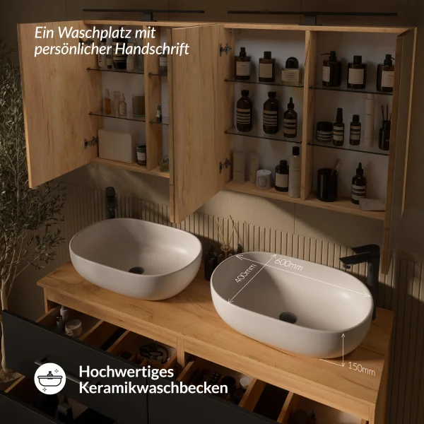 LUX Badmöbel Set 140 cm - mit 140 cm Spiegelschrank ARIA (2x 70 cm) in Gold Eiche und Aufsatzwaschbecken