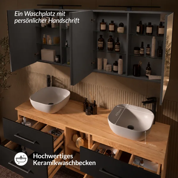LUX Badmöbel Set 170 cm - mit 160 cm Spiegelschrank ARIA (2x80 cm) in Anthrazit und Aufsatzwaschbecken