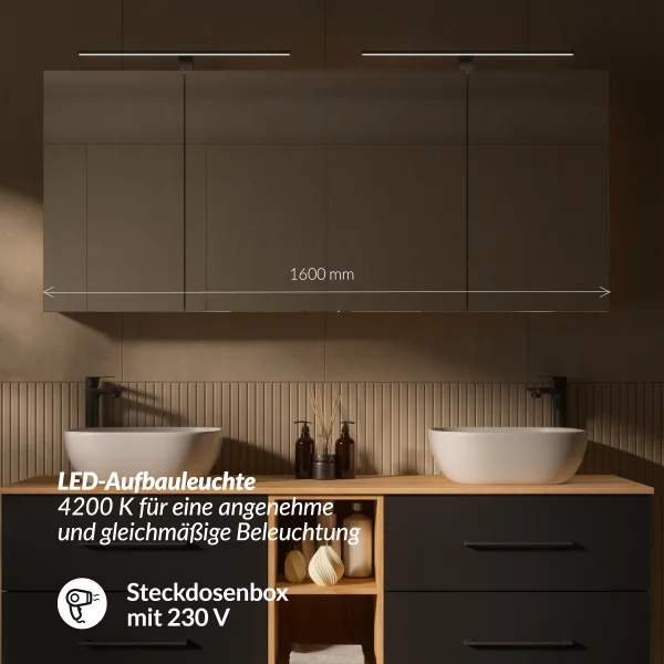 LUX Badmöbel Set 170 cm - mit 160 cm Spiegelschrank ARIA (2x80 cm) in Anthrazit und Aufsatzwaschbecken