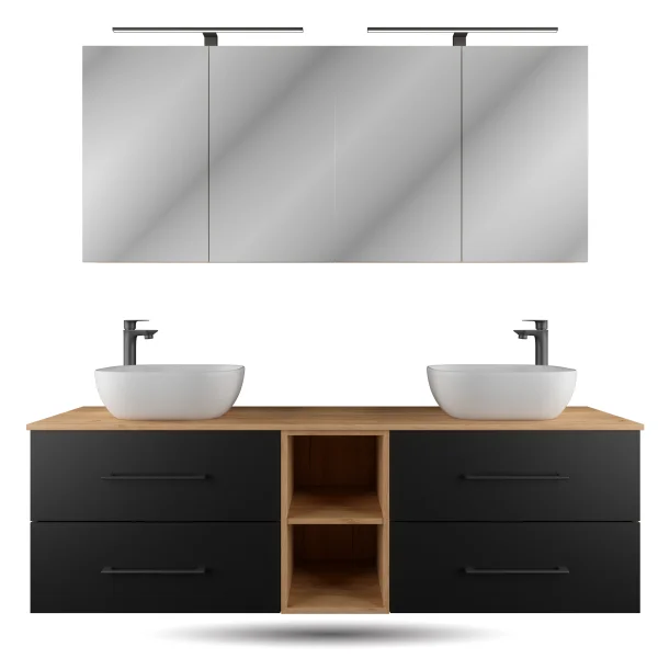 LUX Badmöbel Set 170 cm - mit 160 cm Spiegelschrank ARIA (2x80 cm) in Anthrazit und Aufsatzwaschbecken