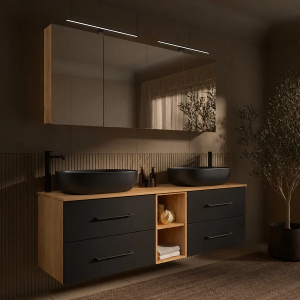 LUX Badmöbel Set 170 cm - mit 160 cm Spiegelschrank ARIA (2x80 cm) in Gold Eiche und Aufsatzwaschbecken