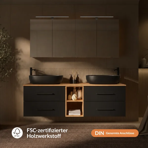 LUX Badmöbel Set 170 cm - mit 160 cm Spiegelschrank ARIA (2x80 cm) in Gold Eiche und Aufsatzwaschbecken