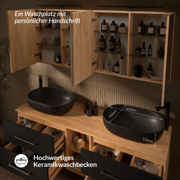 LUX Badmöbel Set 170 cm - mit 160 cm Spiegelschrank ARIA (2x80 cm) in Gold Eiche und Aufsatzwaschbecken