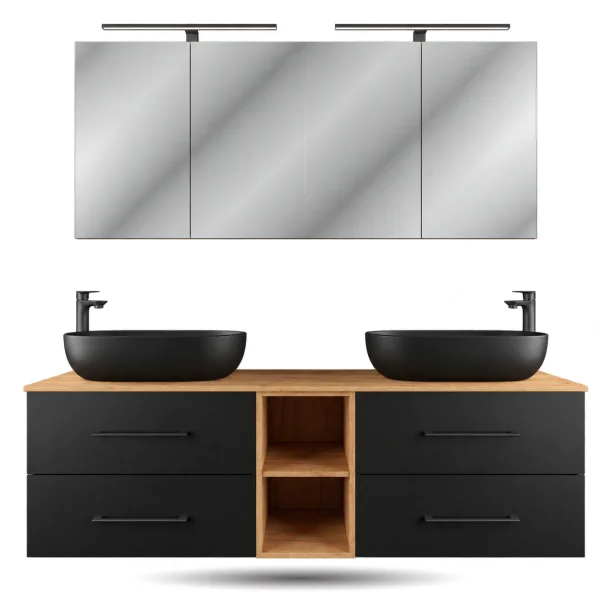 LUX Badmöbel Set 170 cm - mit 160 cm Spiegelschrank ARIA (2x80 cm) in Gold Eiche und Aufsatzwaschbecken