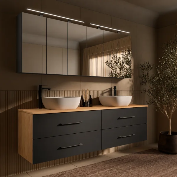 LUX Badmöbel Set 180 cm - Mit 180 cm Spiegelschrank ARIA (2x90 cm) in Anthrazit und Aufsatzwaschbecken