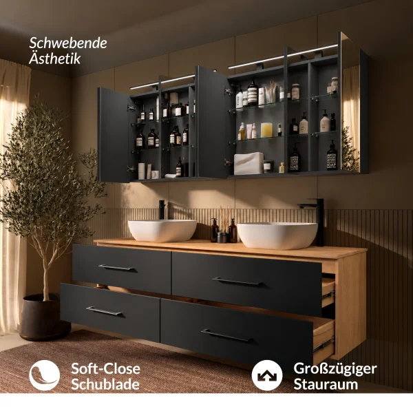 LUX Badmöbel Set 180 cm - Mit 180 cm Spiegelschrank ARIA (2x90 cm) in Anthrazit und Aufsatzwaschbecken