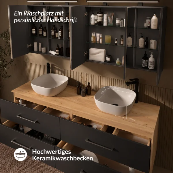 LUX Badmöbel Set 180 cm - Mit 180 cm Spiegelschrank ARIA (2x90 cm) in Anthrazit und Aufsatzwaschbecken