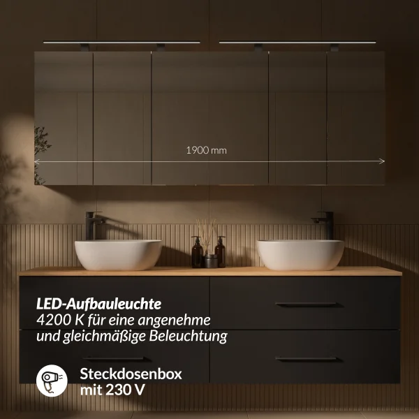 LUX Badmöbel Set 180 cm - Mit 180 cm Spiegelschrank ARIA (2x90 cm) in Anthrazit und Aufsatzwaschbecken