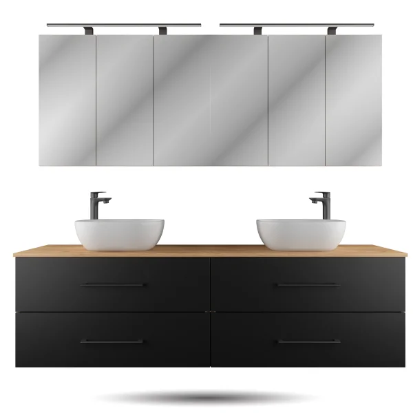 LUX Badmöbel Set 180 cm - Mit 180 cm Spiegelschrank ARIA (2x90 cm) in Anthrazit und Aufsatzwaschbecken