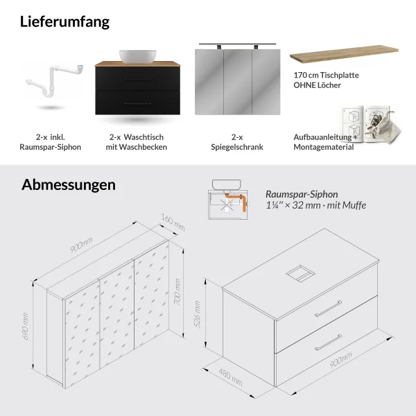 LUX Badmöbel Set 180 cm - Mit 180 cm Spiegelschrank ARIA (2x90 cm) in Anthrazit und Aufsatzwaschbecken