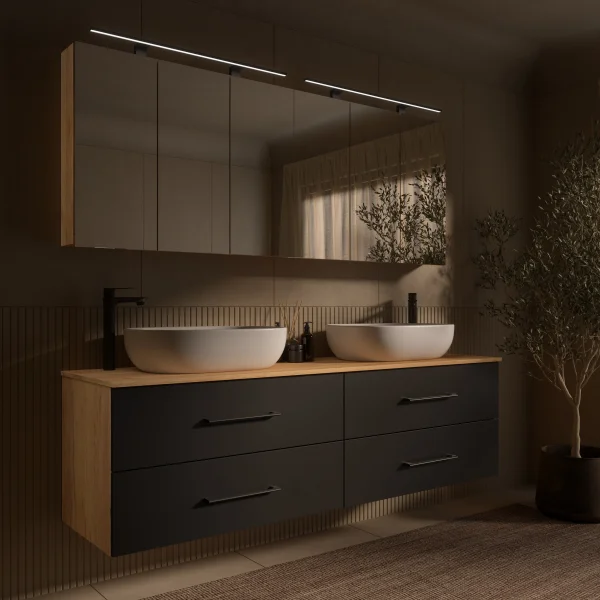 LUX Badmöbel Set 180 cm - Mit 180 cm Spiegelschrank ARIA (2x90 cm) in Gold Eiche und Aufsatzwaschbecken