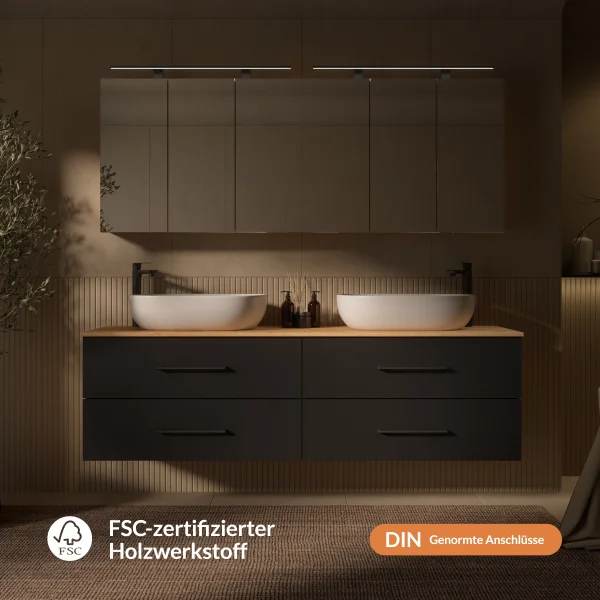 LUX Badmöbel Set 180 cm - Mit 180 cm Spiegelschrank ARIA (2x90 cm) in Gold Eiche und Aufsatzwaschbecken