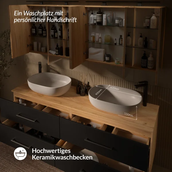LUX Badmöbel Set 180 cm - Mit 180 cm Spiegelschrank ARIA (2x90 cm) in Gold Eiche und Aufsatzwaschbecken