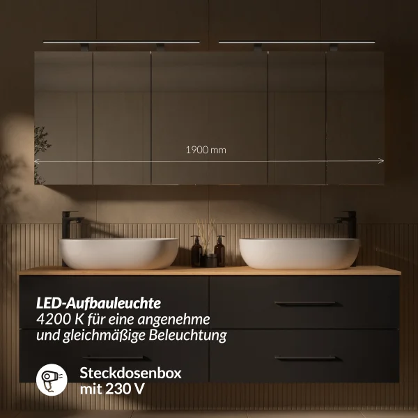 LUX Badmöbel Set 180 cm - Mit 180 cm Spiegelschrank ARIA (2x90 cm) in Gold Eiche und Aufsatzwaschbecken