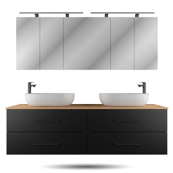 LUX Badmöbel Set 180 cm - Mit 180 cm Spiegelschrank ARIA (2x90 cm) in Gold Eiche und Aufsatzwaschbecken