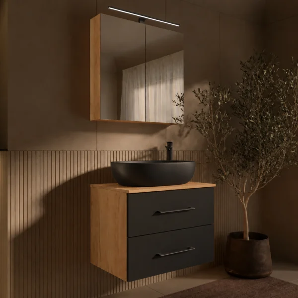 LUX Badmöbel Set 70 cm - Mit Spiegelschrank ARIA 70 cm in Anthrazit und Aufsatzwaschbecken