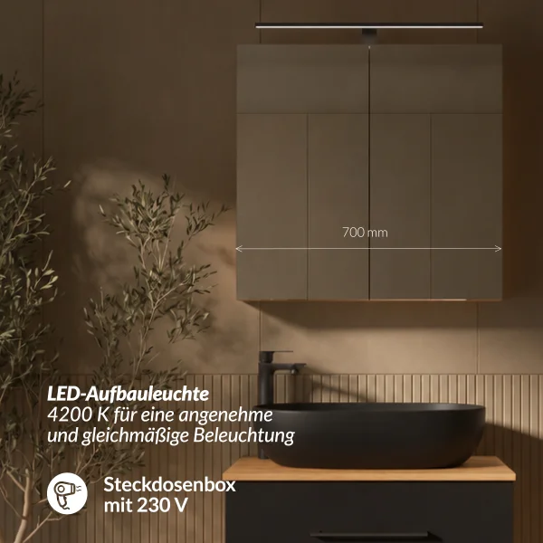 LUX Badmöbel Set 70 cm - Mit Spiegelschrank ARIA 70 cm in Anthrazit und Aufsatzwaschbecken