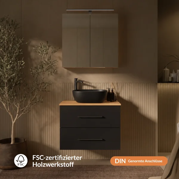LUX Badmöbel Set 70 cm - Mit Spiegelschrank ARIA 70 cm in Gold Eiche und Aufsatzwaschbecken