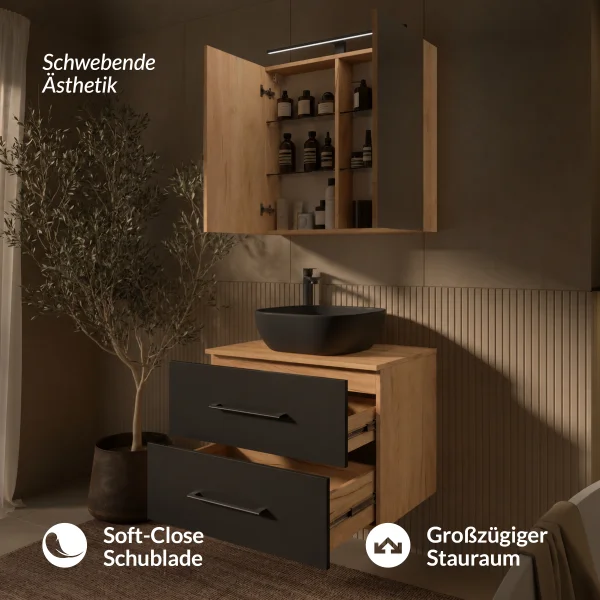 LUX Badmöbel Set 70 cm - Mit Spiegelschrank ARIA 70 cm in Gold Eiche und Aufsatzwaschbecken