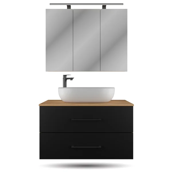 LUX Badmöbel Set 90 cm - Mit Spiegelschrank ARIA 90 cm in Anthrazit und Aufsatzwaschbecken