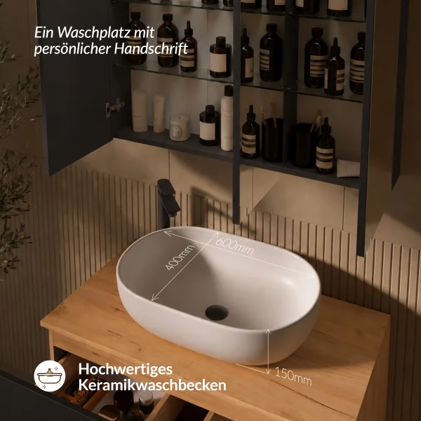 LUX Badmöbel Set 90 cm - Mit Spiegelschrank ARIA 90 cm in Anthrazit und Aufsatzwaschbecken
