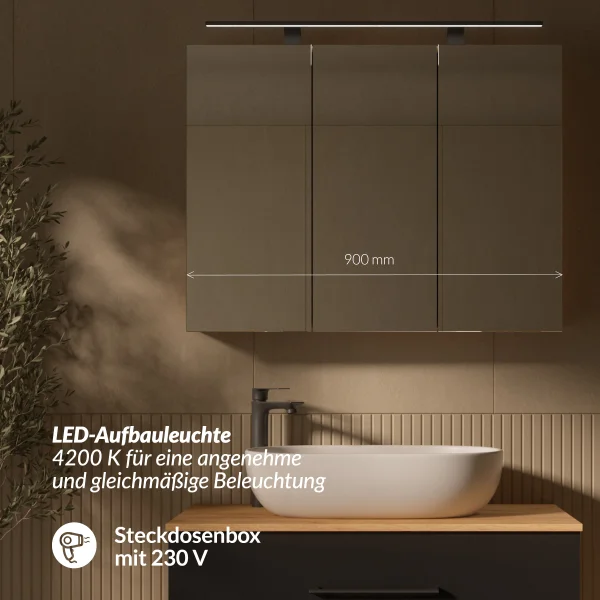 LUX Badmöbel Set 90 cm - Mit Spiegelschrank ARIA 90 cm in Anthrazit und Aufsatzwaschbecken