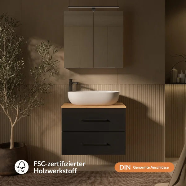 LUX Badmöbel Set 70 cm - Mit Spiegelschrank ARIA 70 cm in Anthrazit und Aufsatzwaschbecken 60 cm Weiß