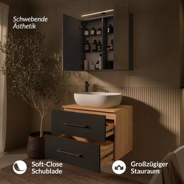LUX Badmöbel Set 70 cm - Mit Spiegelschrank ARIA 70 cm in Anthrazit und Aufsatzwaschbecken 60 cm Weiß