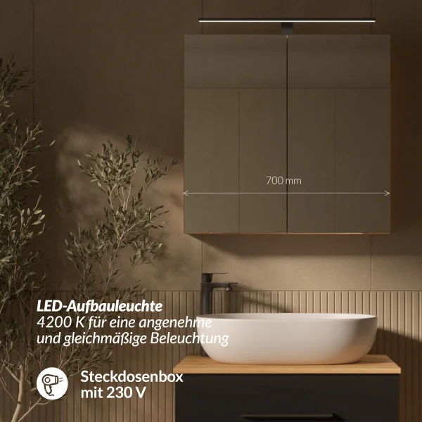 LUX Badmöbel Set 70 cm - Mit Spiegelschrank ARIA 70 cm in Anthrazit und Aufsatzwaschbecken 60 cm Weiß