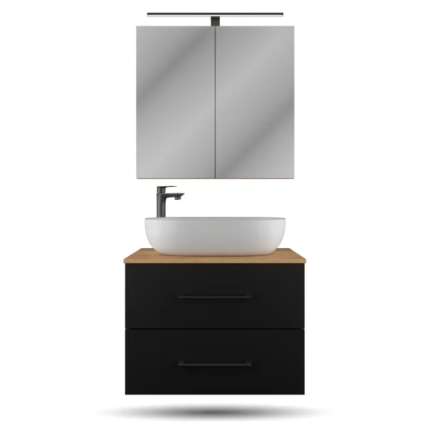 LUX Badmöbel Set 70 cm - Mit Spiegelschrank ARIA 70 cm in Anthrazit und Aufsatzwaschbecken 60 cm Weiß