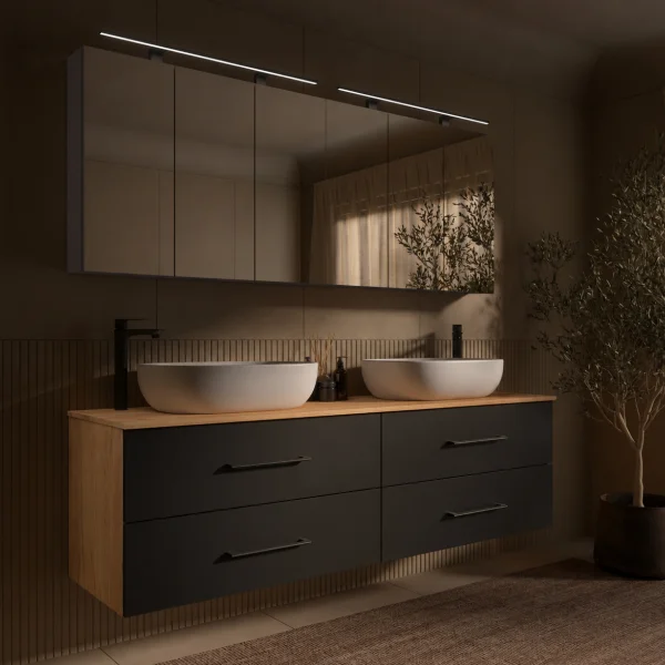 LUX Badmöbel Set 180 cm - Mit 180 cm Spiegelschrank ARIA (2x 90 cm) in Anthrazit und Aufsatzwaschbecken 60 cm Weiß