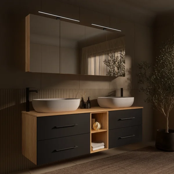 LUX Badmöbel Set 170 cm - mit 160 cm Spiegelschrank ARIA (2x 80 cm) in Gold Eiche und Aufsatzwaschbecken 60 cm Weiß