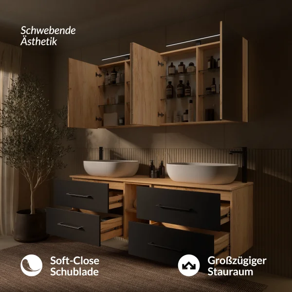 LUX Badmöbel Set 170 cm - mit 160 cm Spiegelschrank ARIA (2x 80 cm) in Gold Eiche und Aufsatzwaschbecken 60 cm Weiß