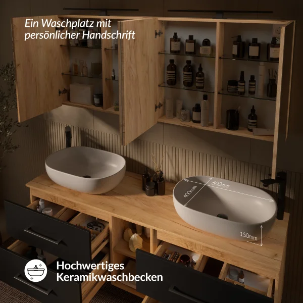 LUX Badmöbel Set 170 cm - mit 160 cm Spiegelschrank ARIA (2x 80 cm) in Gold Eiche und Aufsatzwaschbecken 60 cm Weiß