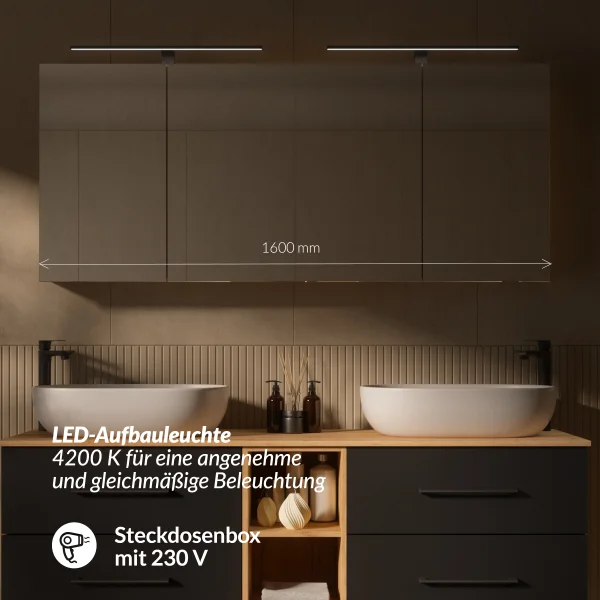 LUX Badmöbel Set 170 cm - mit 160 cm Spiegelschrank ARIA (2x 80 cm) in Gold Eiche und Aufsatzwaschbecken 60 cm Weiß
