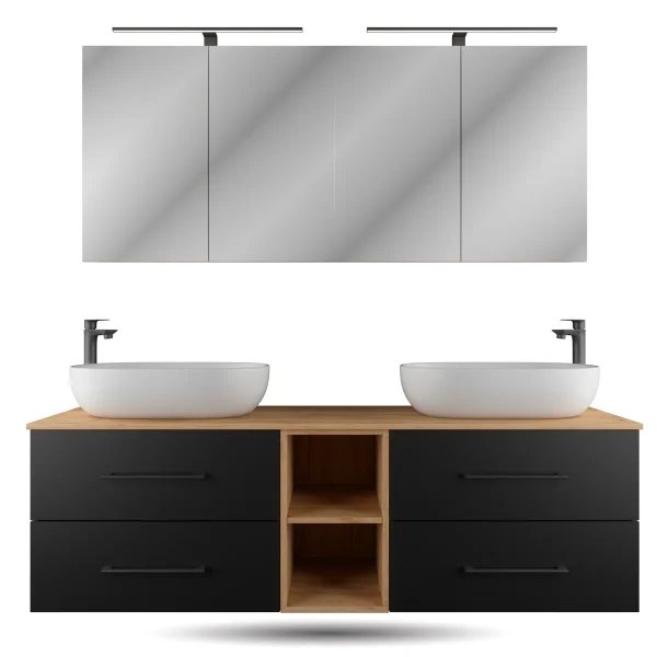 LUX Badmöbel Set 170 cm - mit 160 cm Spiegelschrank ARIA (2x 80 cm) in Gold Eiche und Aufsatzwaschbecken 60 cm Weiß
