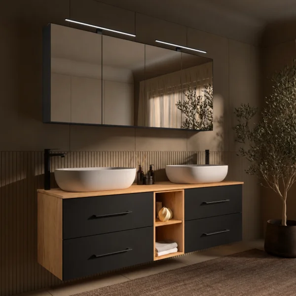LUX Badmöbel Set 170 cm - mit 160 Spiegelschrank ARIA (2x 80 cm) in Anthrazit und Aufsatzwaschbecken 60 cm Weiß