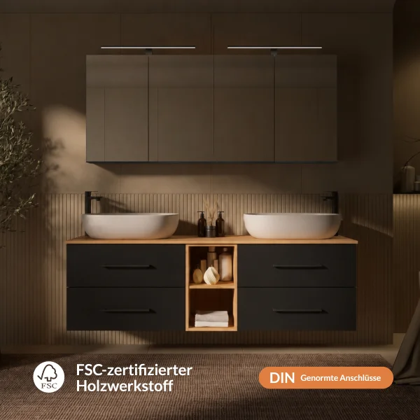 LUX Badmöbel Set 170 cm - mit 160 Spiegelschrank ARIA (2x 80 cm) in Anthrazit und Aufsatzwaschbecken 60 cm Weiß