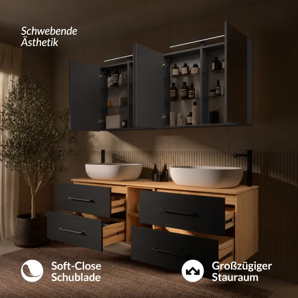 LUX Badmöbel Set 170 cm - mit 160 Spiegelschrank ARIA (2x 80 cm) in Anthrazit und Aufsatzwaschbecken 60 cm Weiß