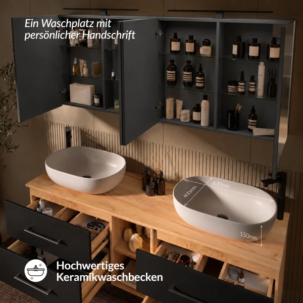 LUX Badmöbel Set 170 cm - mit 160 Spiegelschrank ARIA (2x 80 cm) in Anthrazit und Aufsatzwaschbecken 60 cm Weiß