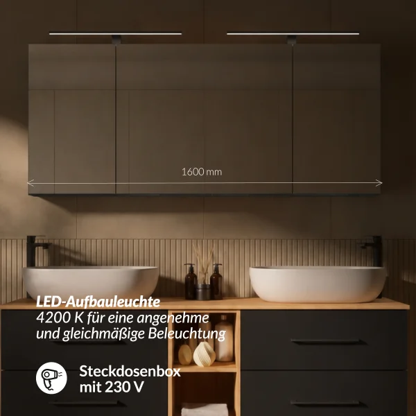 LUX Badmöbel Set 170 cm - mit 160 Spiegelschrank ARIA (2x 80 cm) in Anthrazit und Aufsatzwaschbecken 60 cm Weiß