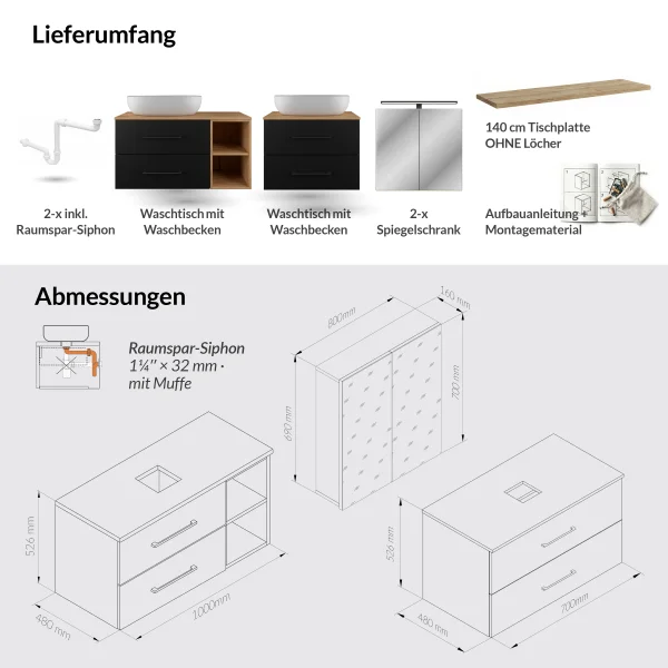LUX Badmöbel Set 170 cm - mit 160 Spiegelschrank ARIA (2x 80 cm) in Anthrazit und Aufsatzwaschbecken 60 cm Weiß
